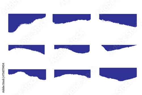 Separator blue grunge shape for website set. Curve lines frame and corner for top page isolated on white