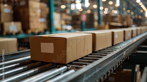 cardboard boxes aranged on conveyor in the warehouse