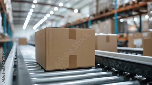 Cardboard boxes on conveyor trolley, ecommerce warehouse