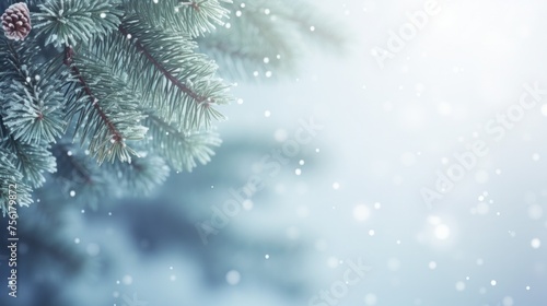 Winter background with Christmas tree branches. Winter landscape with pine trees in winter with snowy nature background.