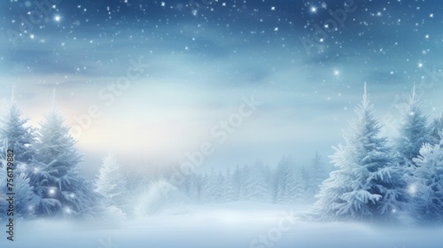 Winter background with Christmas tree branches. Winter landscape with pine trees in winter with snowy nature background.