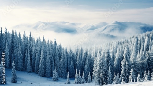 Winter landscape with pine forest in snow Cloudy day on the mountains Group of frosty pine trees in the snow
