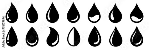 Set water drops icons. Water drop shape. Black and blue water drops on white background. Vector illustration