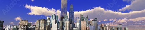 Panorama of a cityscape with skyscrapers against a sky with clouds, 3D rendering