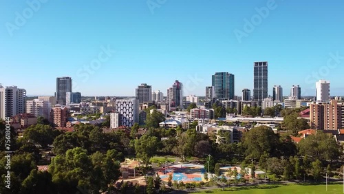 Aerial view over redeveloped Wellington Square park and playspace with East Perth apartment buildings in background photo