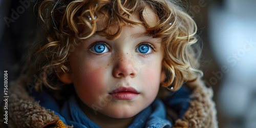 Close up Portrait of a Cute Little Boy with Blue Eyes and Freckles on Face
