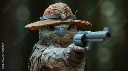 a bird in a hat brandishing a gun. Ai Generated.