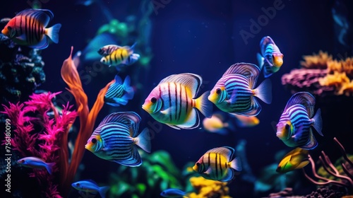 Colorful tropical discus fish gracefully navigate vibrant coral reefs, Ai Generated.