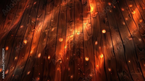 Wooden background with a gentle curve adorned by glowing embers. Ai Generated