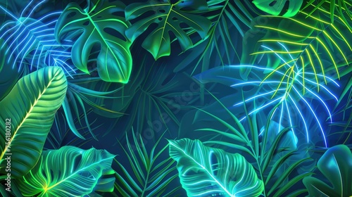 Tropical leaves illuminated by vibrant green and blue neon lights. Ai Generated