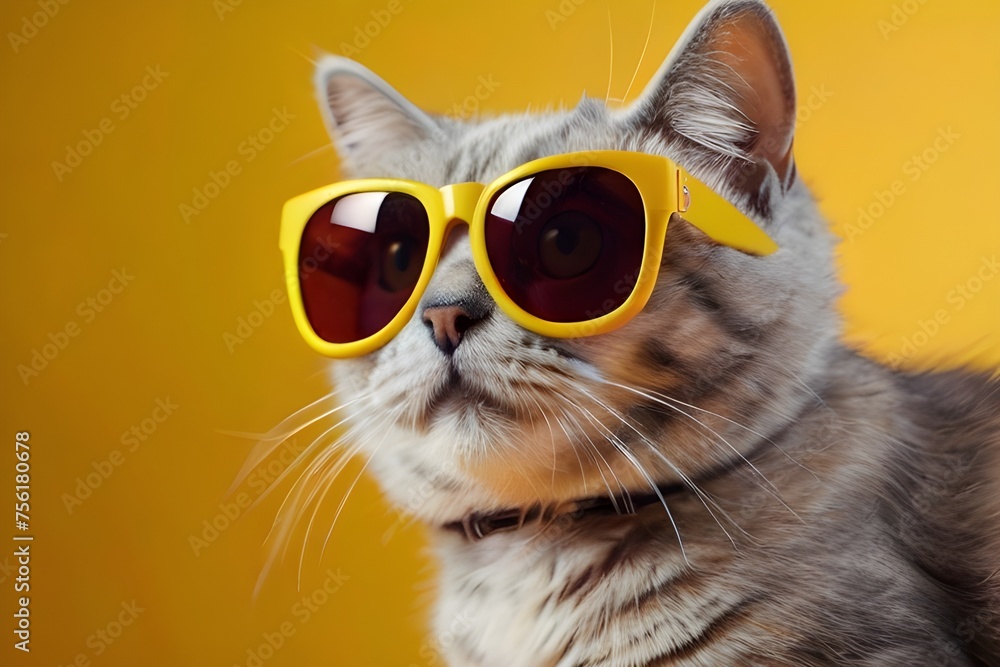 Close portrait of british furry cat in fashion sunglasses. Funny pet on bright yellow background. Kitten in eyeglass. Fashion style, cool animal concept with copy Generative AI