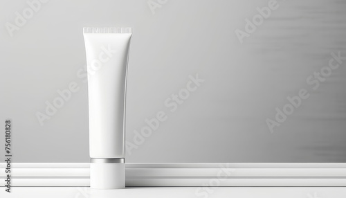 A white tube of makeup sits on a wooden table in front of a green leafy plant