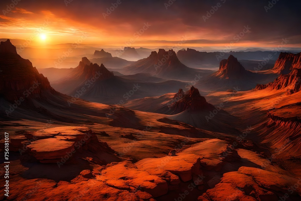 Sunrise over rugged plateaus, a silent awakening of geological wonders.