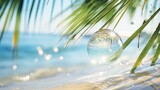 Sunlit water bubbles sparkle on the shore, accompanied by a palm leaf frond on a tropical beach. Ai Generated.