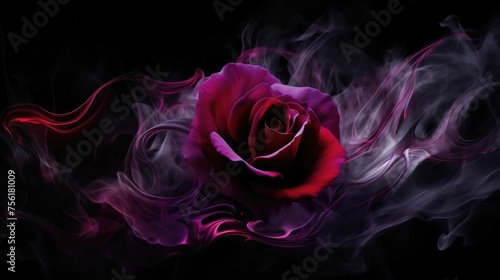 A purple rose wrapped in red smoke swirl, creating a captivating scene on a black background. Ai Generated.