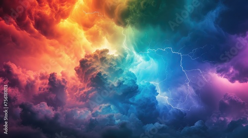 Rainbow storm clouds weave vibrant hues over a captivating landscape. Ai Generated.