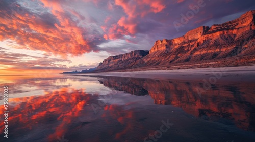 Seaside cliffs cast enchanting reflections on the beach, a mesmerizing twilight scene. Ai Generated. © Crazy Juke