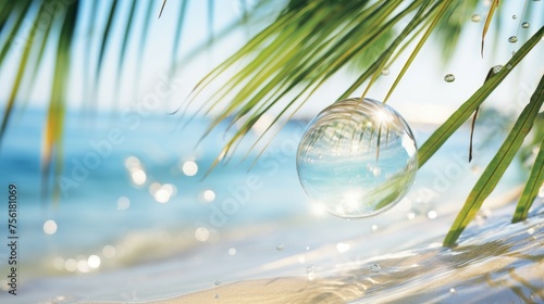 Sunlit water bubbles sparkle on the shore, accompanied by a palm leaf frond on a tropical beach. Ai Generated. photo