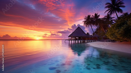 A colorful sunset paints the sky over the ocean in the Maldives, creating a breathtaking and serene tropical panorama. Ai Generated. © Crazy Juke