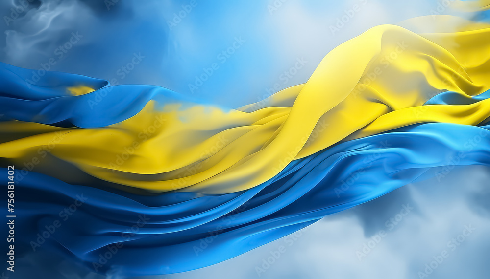 A flag with blue and yellow stripes is shown in a blurry, hazy atmosphere - obrazy, fototapety, plakaty 