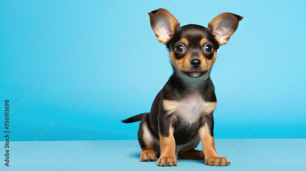 Cute small dog with brown patches sitting against a bright blue backdrop, Ai Generated.