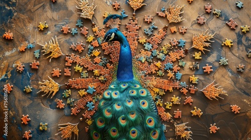Adorable top view of a peacock solving a jigsaw puzzle, charming and playful. Ai Generated