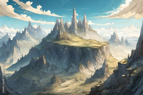 A vast plateau crowned with weathered peaks, a serene expanse under the open sky.
