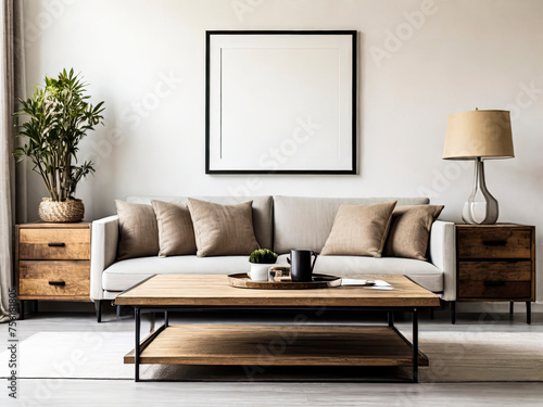 Blank Poster Frame mockup on white wall living room, modern interior with plant, tea Table, White sofa