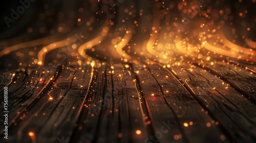 Wooden background with a gentle curve adorned by glowing embers. Ai Generated