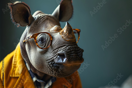 Portrait of a Rhino in Formal Business Suit. Rhinoceros Dressed in Business Suit