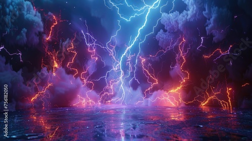 Dynamic 3D rendering of a colorful lightning strike, electrifying the scene. Ai Generated