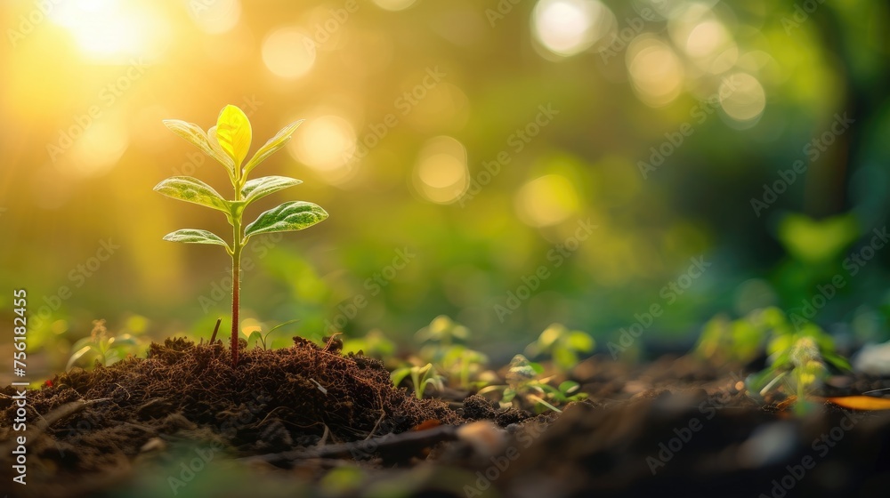 Panoramic view of a small tree thriving in the sunrise, symbolizing a green world. Ai Generated. Panoramic view of a small tree thriving in the sunrise, symbolizing a green world. Ai Generated.