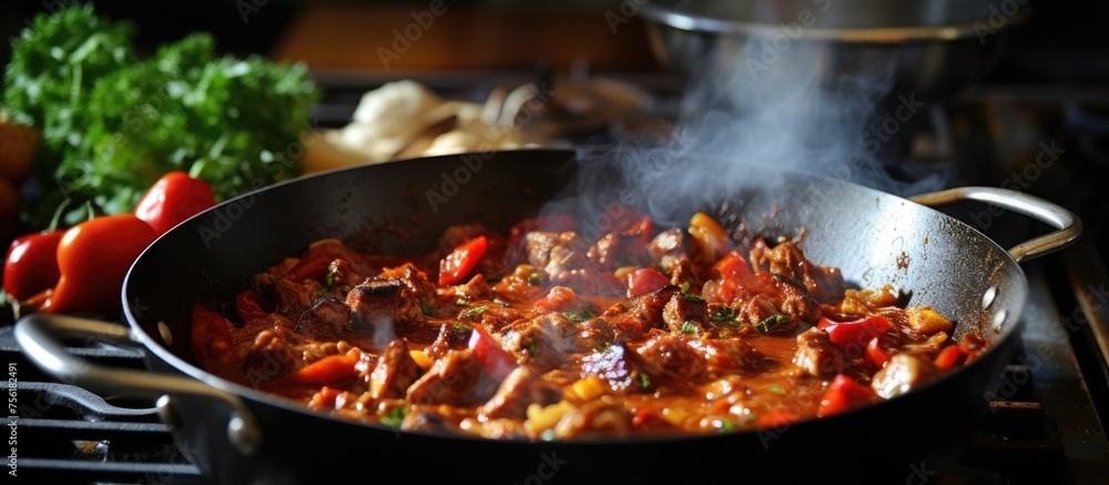 Preparing Turkish goulash in a frying pan on a stovetop in a kitchen