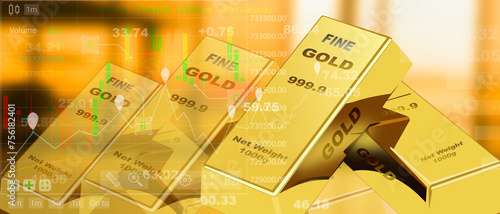3d rendering of gold bars market changes, Financial gold price and economy crash concept.