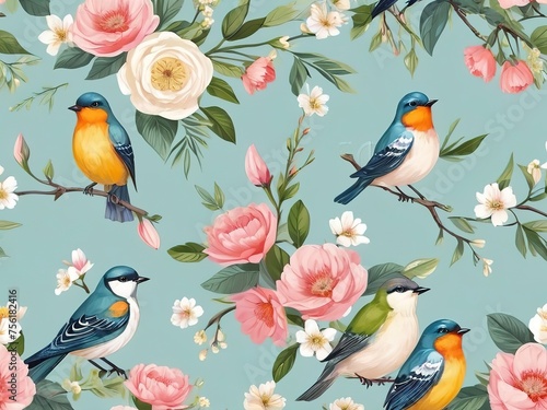 Seamless pattern with birds and flowers. Watercolor illustration.