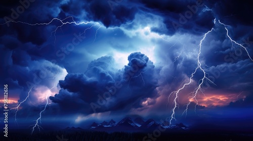 A dramatic view captures a thunderstorm with fierce lightning bolts piercing through the dark, Ai Generated.