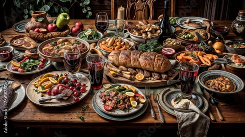 Traditional Turkish and Greek dinner appetizer table with meat, vegetables and wine photo