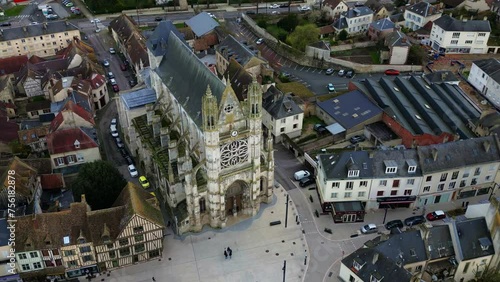 Notre Dame Collegiate in Vernon historic center, Normandy in France. Aerial top-down view photo