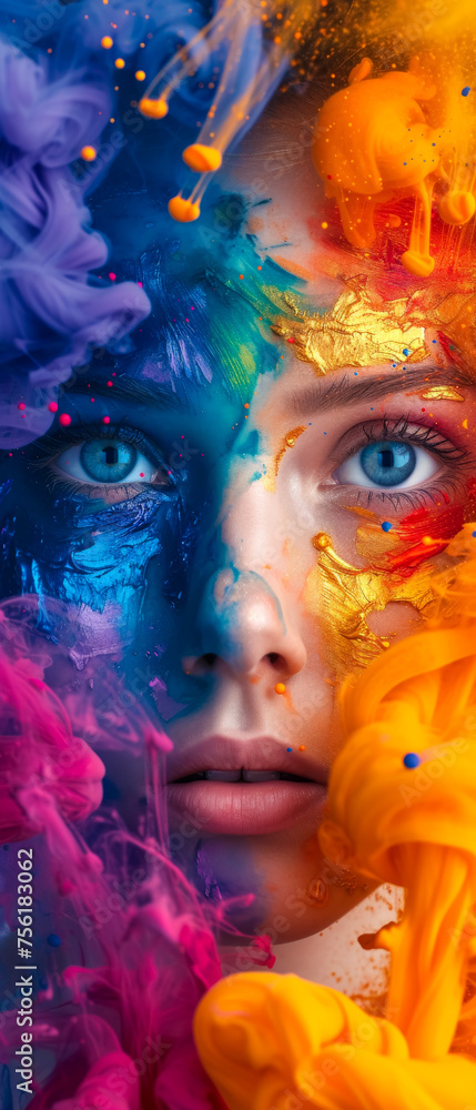 Banner with a woman's face covered in colorful paint explosion on the right corner on solid background
