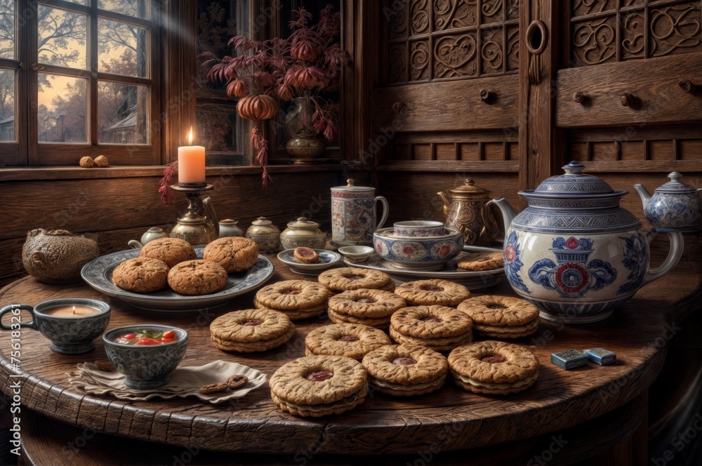 Still life with cookies and tea in the interior of the country house