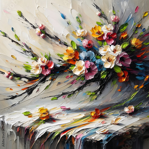 Fototapeta Piękne malowane kolorowe kwiaty, impasto, dekoracja generative ai