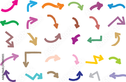 Brush stroke set of colorful turning direction arrows. Editable vector arrows on white background. Multiple direction arrows to reuse for designing and web development. eps 10