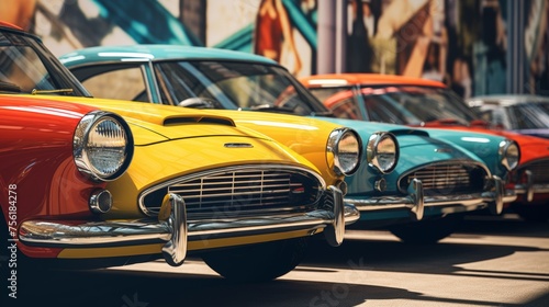 A vibrant lineup of classic muscle cars, boasting lustrous paint and chrome details, symbolizes American automotive history and culture © Lena_Fotostocker