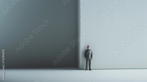Miniature business men stand in front of neutral background 
