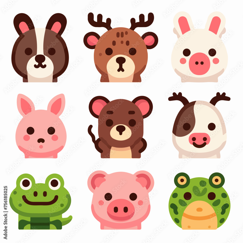 A collection of animal faces, including a frog, a pig, a bear, a deer, a dog. flat style design