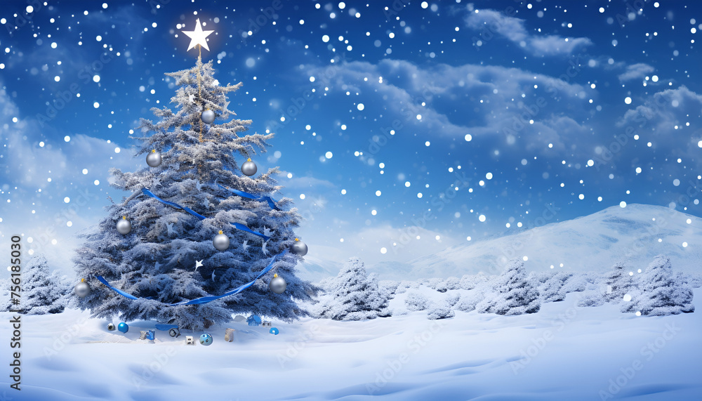 snowy pine tree in winter, in the style of bokeh panorama, Christmas background, fir tree and snow