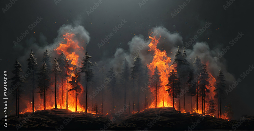 Wildfire forest fire burning down a town, climate change Forest fire with trees on fire ai generative