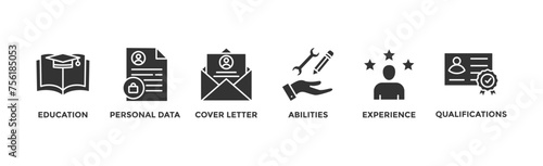 Curriculum vitae banner web icon vector illustration concept with icon of education, personal data, cover letter, abilities, experience and qualifications	
