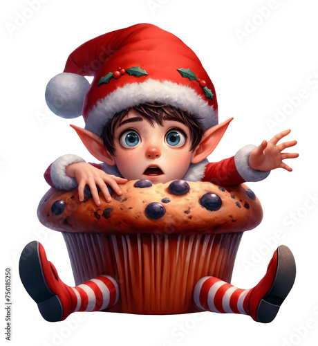A Christmas Elf struggling, after falling into Santa's muffin machine, isolated on a transparent background
