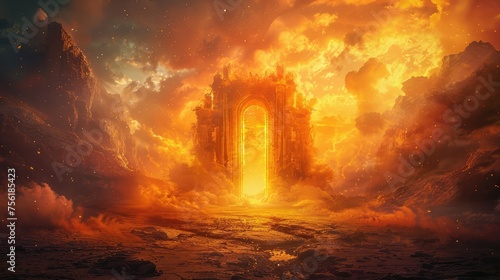 Golden Gates of Eternity, Depict the majestic gates of heaven bathed in golden light, welcoming souls into the eternal realm beyond photo